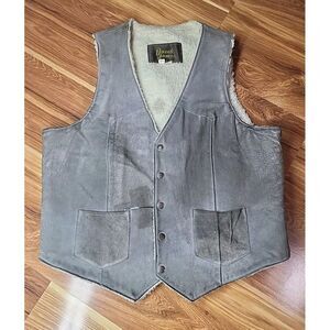 Vtg Distressed Grunge David James Vest Jacket 42 R Grey Leather Sherpa USA Men‎
